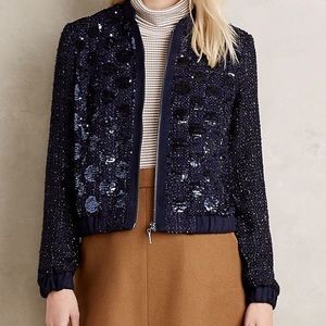 Anthpologie Elevenses Blue Sequin Bomber Jacket